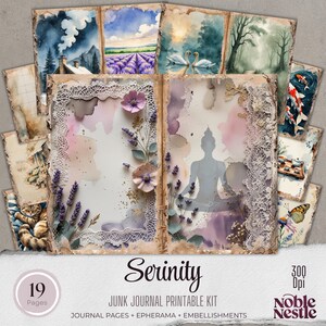 Serenity Digital Junk Journal – Afdrukbare dagboekkit, rustige plakboekpagina's, esthetische efemere verschijnselen, vreedzaam papierpakket, direct downloaden