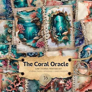 May include: A printable junk journal kit with a coral reef theme. The kit includes 35 pages of journal pages, ephemera, and embellishments. The pages feature illustrations of coral, fish, and a mermaid.