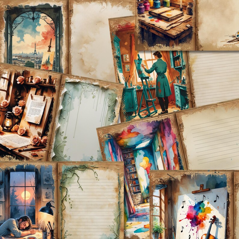 May include: A collage of vintage-style paper pages with watercolor illustrations. The pages feature a variety of scenes, including a cityscape, a woman painting, a room with bookshelves, and a paint splattered canvas.