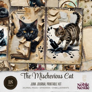 Kit de journal pour chats espiègles | Éphémères et décorations | Album DIY | Téléchargement numérique | Papiers numériques anciens vintage | Amoureux des chats