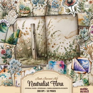 Neutralist Flora Junk Journal Kit | Digital Download | Junk Pages | Stickers, Tags, Backgrounds, Envelopes | Ephemera Kit | journal supplies