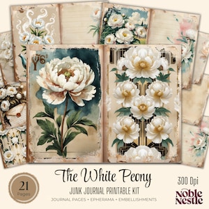 Weiße Pfingstrose Junk Journal Kit | 15 doppelseitige Seiten + 6 Ephemera Blätter | Liniert, Blank, Grafische Seiten | Floral bedruckbares Papier Set