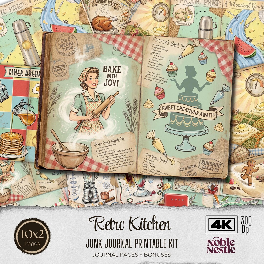 Retro Kitchen Junk Journal Kit - Vintage Printable Scrapbook Paper ...
