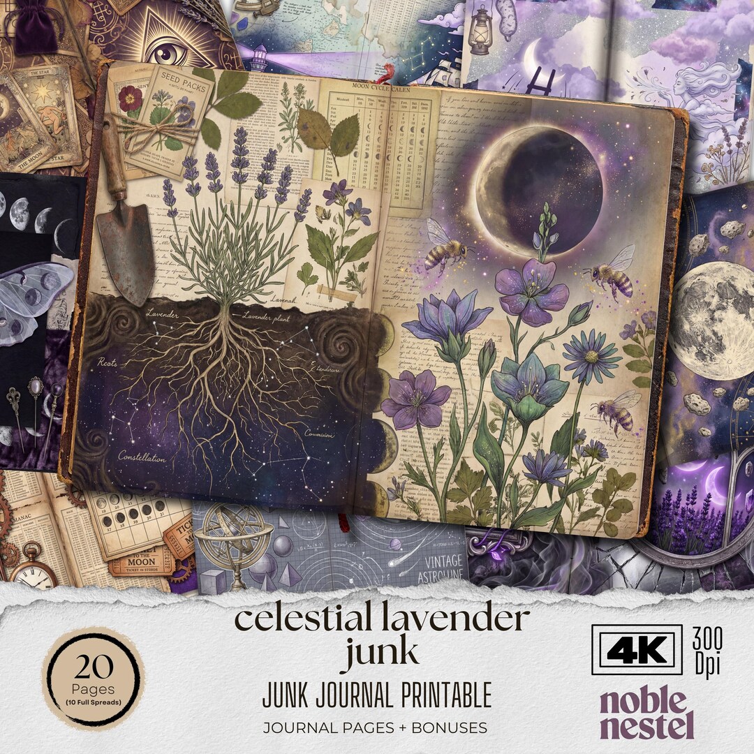 Celestial Lavender Junk Journal Pages | Moon Phase Writing Paper Kit ...