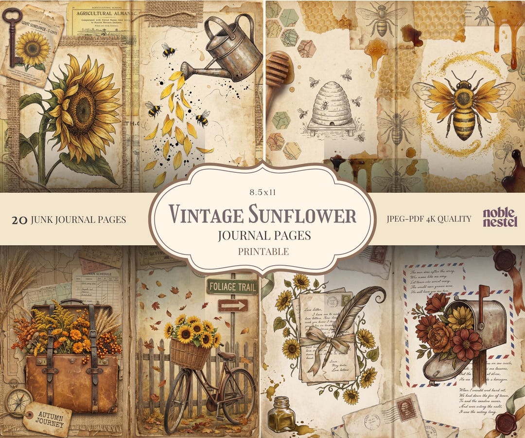 Vintage Sunflower Digital Paper Pack | 4K Backgrounds | Junk Journal ...
