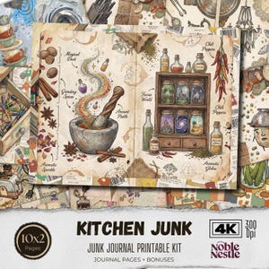Puede incluir: Un kit de diario imprimible titulado "Kitchen Junk" con ilustraciones de especias, frascos y un mortero y maja. El kit incluye páginas de diario y bonificaciones. La imagen tiene una estética vintage con el texto "10x2 Páginas".