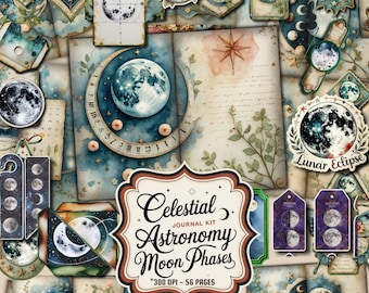 May include: A collection of celestial-themed journal kit elements. The design features watercolor illustrations of moons, stars, and celestial bodies in shades of blue, teal, and cream. The kit includes tags, stickers, and journal pages with the text "Celestial Astronomy Moon Phases".