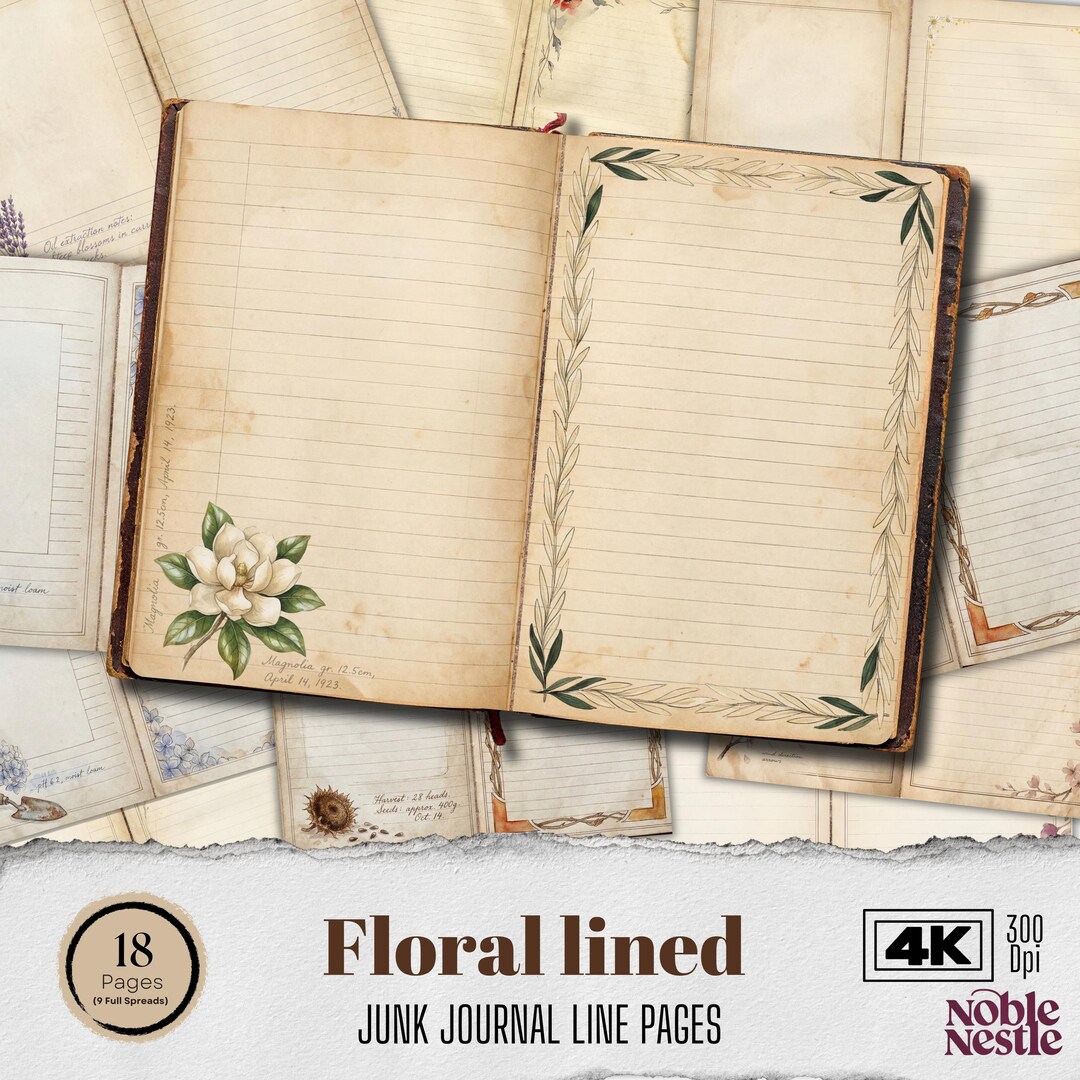 Floral Lined Pages Junk Journal Pages | 4K Backgrounds Digital Paper ...