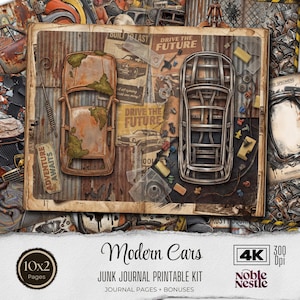 以下が含まれることがあります： 「Modern Cars」と題されたジャンクジャーナル印刷可能キット。ヴィンテージカーと自動車部品のイラストが特徴です。画像には「Adventure Awaits」と「Drive the Future」の文字が含まれています。このキットには、ジャーナルページとボーナスが含まれています。