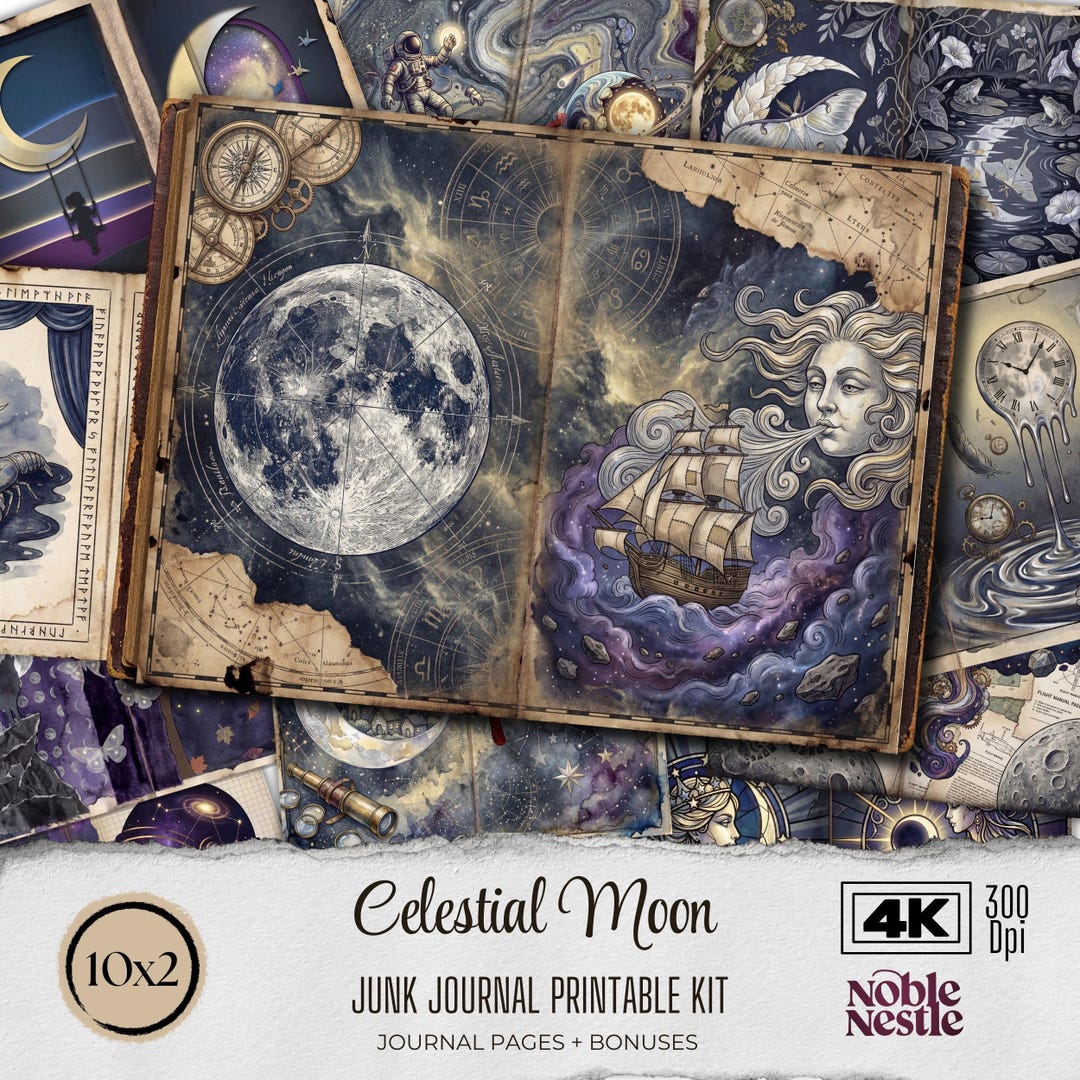 Celestial Moon Junk Journal Digital Download | Vintage Scrapbook Paper ...