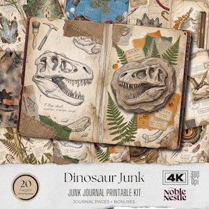 May include: A vintage-style junk journal printable kit with dinosaur-themed illustrations. The open journal displays detailed sketches of dinosaur skulls, ferns, and scientific notes. The kit includes journal pages and bonuses, with the text "Dinosaur Junk" and "Junk Journal Printable Kit".