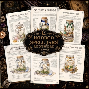 Pode incluir: Um guia digital de 40 páginas intitulado Hoodoo Spell Jars Rootwork com folhas de instruções ilustradas para vários potes, incluindo Marriage Blessing, Motivation & Focus, Business Success, Communication & Reconciliation e Abundance Gratitude.