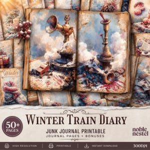 Winter Train Journey Junk Journal Kit, Printable Ephemera, Scrapbook Tags, Fussy Cuts, Vintage Steam Engine Travel Diary, Digital Paper Set
