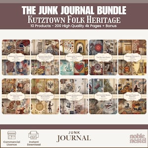 Può includere: Un pacchetto di diario digitale con il testo "THE JUNK JOURNAL BUNDLE KUTZTOWN FOLK HERITAGE". L'immagine mostra 10 copertine di diario con illustrazioni vintage. Include licenza commerciale e download immediato.