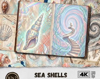 貝殻ジャンクジャーナルページ | ヴィンテージオーシャンエフェメラキット | 印刷可能なスクラップブックペーパーパック | デジタルダウンロードコラージュシート