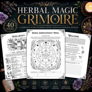 Puede incluir: Un documento digital titulado Herbal Magic Grimoire que contiene 40 páginas de texto e ilustraciones. Las páginas muestran una rueda de correspondencia de hierbas, instrucciones para saquitos de hierbas y una página de bienvenida en blanco y negro.