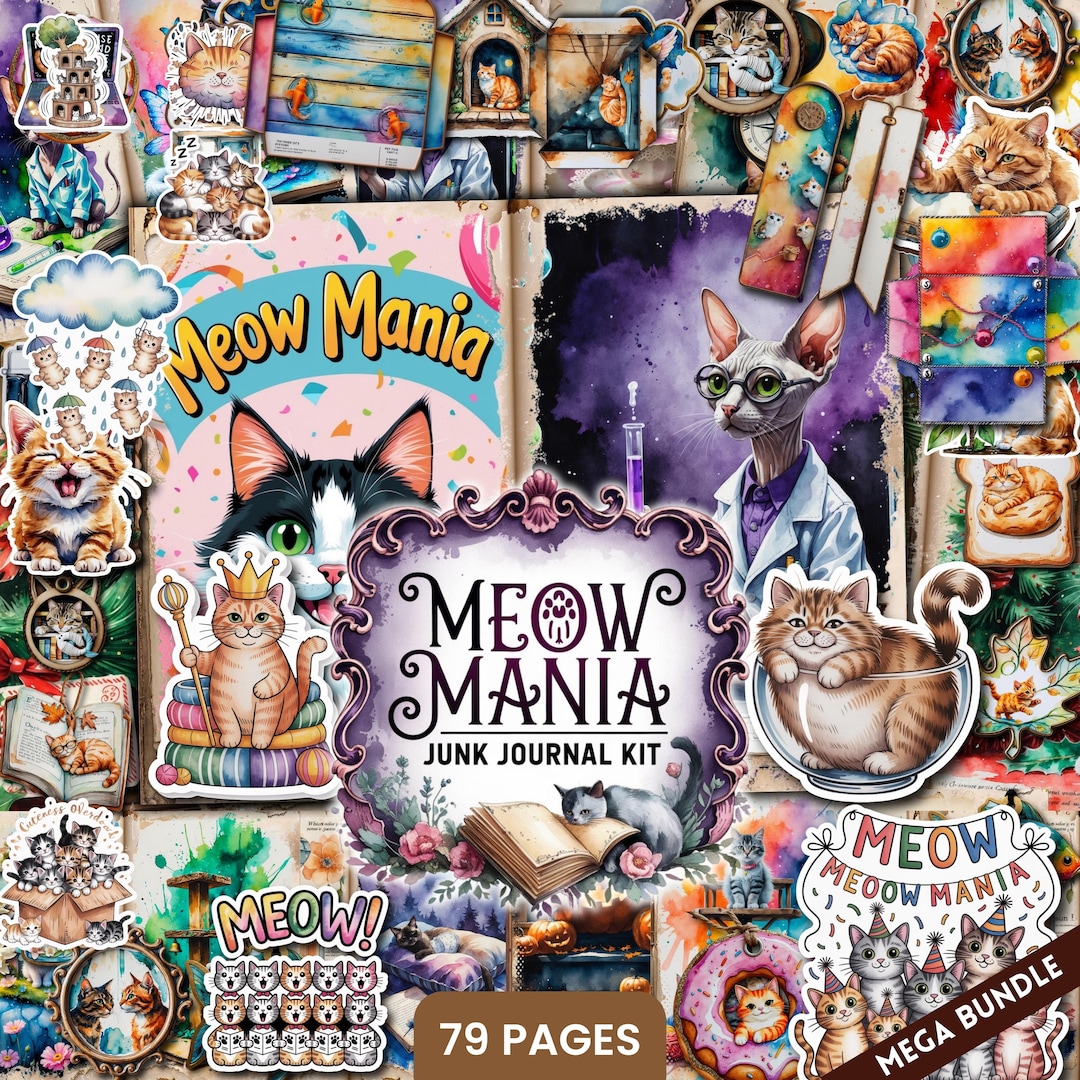 Meow Mania Vintage Cat Junk Journal Kit | Digital Download Printable ...