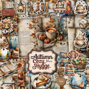 Può includere: Un collage di adesivi e elementi di kit di giornale a tema autunnale. Include zucche, una tazza di caffè con una candela accesa, foglie autunnali e il testo "Autumn Cozy Hygge". Altri elementi includono una fetta di torta, calzini e un cesto di mele.
