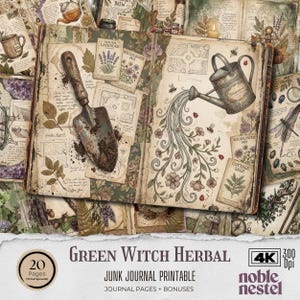 Pode incluir: Uma colagem digital com um livro aberto em estilo vintage com ilustrações botânicas, um regador e uma espátula. O texto "Green Witch Herbal" e "Junk Journal Printable" são visíveis. A paleta de cores inclui verdes, castanhos e roxos.