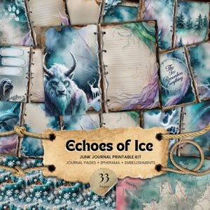 Kit de diario basura Echoes of Ice, adornos para diario, descarga digital imprimible, patrones sin costuras, diario rústico, kit de manualidades, páginas de mapas