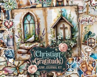 Christian Gratitude Junk Journal Kit, Faith Ephemera (PDF, JPG)