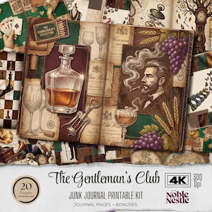 以下が含まれることがあります： 「The Gentleman's Club」というタイトルのデジタルジャンクジャーナル印刷可能キット。ワイングラス、デカンタ、コルク栓抜き、トランプ、葉巻を吸う男性のイラストが特徴です。このキットには、ジャーナルのページとボーナスが含まれています。