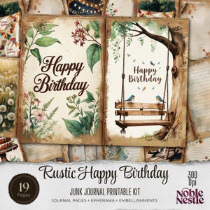 Gelukkige verjaardag rustiek dagboekpakket | Ephemera-pakket |  Versieringen | DIY-plakboek | Opvouwbare folio's | Boerderijdagboek | Journaalpagina's