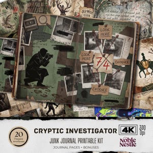 Könnte beinhalten: Ein digitales Junk-Journal-Druckkit mit dem Titel "Cryptic Investigator". Das offene Journal zeigt eine Detektivsilhouette, Polaroidfotos und die Wörter "Look Here" und "Evidence". Das Kit enthält 20 Seiten und Boni.