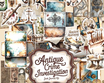 May include: A collage of antique crime investigation-themed ephemera. Includes illustrations of a detective, a sword, scales, a treasure chest, and a poison bottle. The central image reads "Antique Crime Investigation Junk Journal Kit."