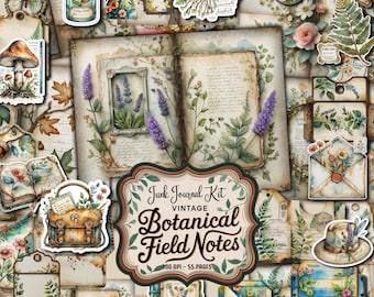 May include: A collage of vintage botanical ephemera, including journal pages, stickers, and tags. The central focus is an open journal with lavender illustrations. The text "Junk Journal Kit Vintage Botanical Field Notes" is prominently displayed.