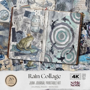 Puede incluir: Un kit imprimible de diario basura con temática de lluvia. El diario abierto presenta una rana con corona, un tarro con la etiqueta "Rainwater" e ilustraciones de acuarela de peces y círculos concéntricos. El kit incluye 20 páginas y bonificaciones.
