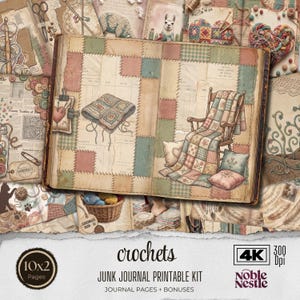Puede incluir: Un collage digital de estilo vintage que presenta un libro abierto con páginas de patchwork, una mecedora y una manta de ganchillo. La imagen incluye elementos de artesanía como hilo, botones y tijeras, con el texto "crochets" y "Junk Journal Printable Kit".