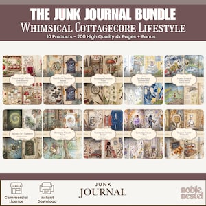 May include: A collection of junk journal pages with a whimsical cottagecore theme. The image displays 10 products with 200 high-quality 4k pages, including bonus content. Titles include "Strawberry Patch & Jam Making" and "Cozy Attic Reading Books."