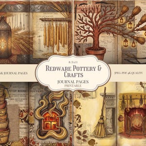 May include: A digital collage featuring vintage-style illustrations for junk journals. The images include a lantern, candles, a tree with brooms and lanterns, stacked bowls, a fireplace, and text that reads "Redware Pottery & Crafts Journal Pages Printable".