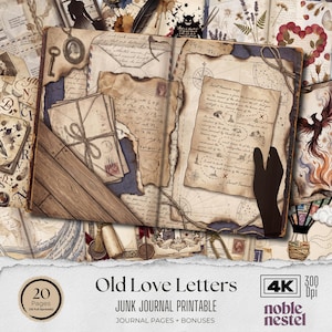May include: An open junk journal with aged paper pages, featuring vintage letters, maps, and ephemera. The journal has a wooden spine and is tied with twine. The image includes the text "Old Love Letters" and "Junk Journal Printable".