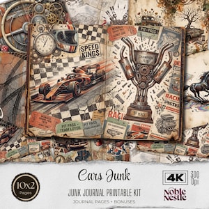以下が含まれることがあります： レーシングテーマのジャンクジャーナル用のヴィンテージスタイルの印刷可能なキット。 デザインは、レーシングカー、トロフィー、およびさまざまなレース関連の印刷物を特徴としています。 キットにはジャーナルページとボーナスが含まれており、「Cars Junk」と「Speed Kings」というテキストが表示されています。