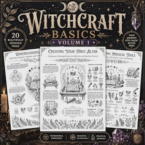 May include: A Witchcraft Basics Volume 1 guide featuring three white pages with black ink illustrations and text. The pages cover topics including understanding energy, creating an altar, and using magical tools, decorated with moon phases, crystals, and botanical motifs.