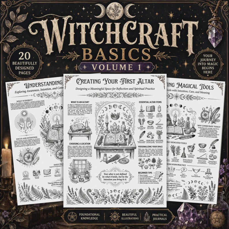 May include: A Witchcraft Basics Volume 1 guide featuring three white pages with black ink illustrations and text. The pages cover topics including understanding energy, creating an altar, and using magical tools, decorated with moon phases, crystals, and botanical motifs.