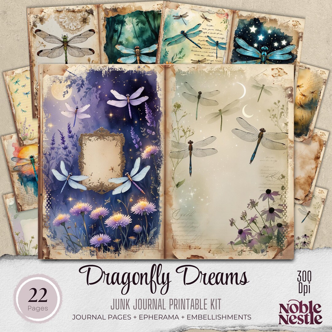 Dragonfly Junk Journal Kit: Vintage Watercolor Ephemera (digital ...