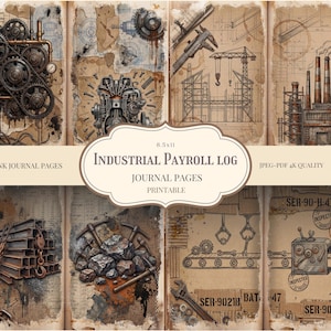 Puede incluir: Un conjunto de 20 páginas imprimibles de diario basura con temática industrial. Las páginas presentan ilustraciones de engranajes, maquinaria, planos y escenas de fábricas. Las páginas miden 21,59 cm x 27,94 cm e incluyen el texto "Industrial Payroll Log".