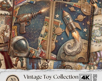 Paquete de papel digital de juguetes antiguos / Fondos 4K / Kit de páginas de diario basura / Juego de papel imprimible para álbumes de recortes