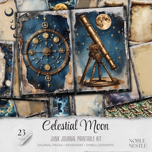 May include: A printable junk journal kit with 23 pages featuring a celestial theme. The kit includes images of a telescope, a compass, and a moon. The text "Celestial Moon" and "Junk Journal Printable Kit" is included in the image.