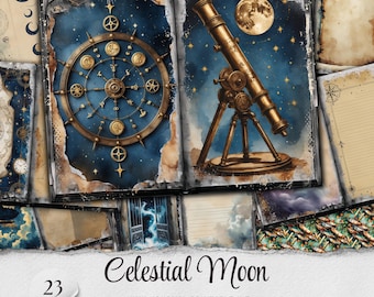 May include: A printable junk journal kit with 23 pages featuring a celestial theme. The kit includes images of a telescope, a compass, and a moon. The text "Celestial Moon" and "Junk Journal Printable Kit" is included in the image.