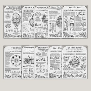 May include: A collection of ten informational posters featuring black and white line art illustrations and text. Each poster covers topics like moon phases, meditation, and witchcraft, with detailed botanical borders and instructional diagrams.