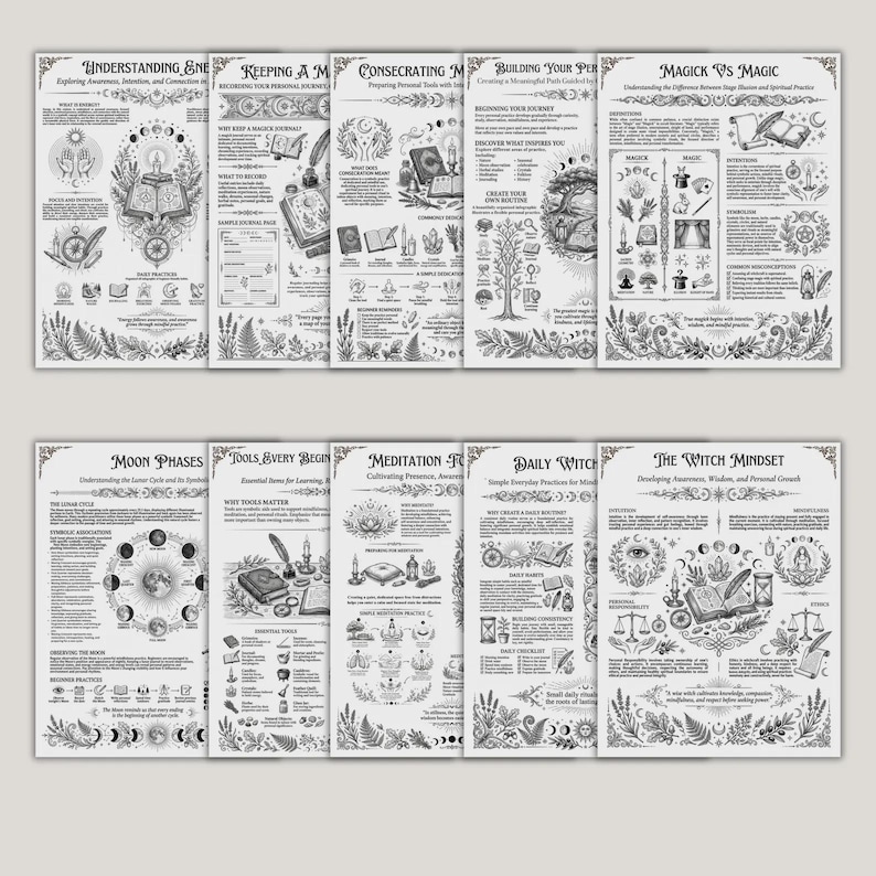May include: A collection of ten informational posters featuring black and white line art illustrations and text. Each poster covers topics like moon phases, meditation, and witchcraft, with detailed botanical borders and instructional diagrams.