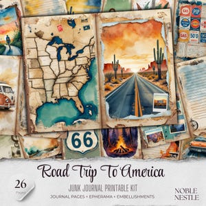 Kit de diário de viagem para a América | Artigos de viagem vintage | Páginas de scrapbook com tema dos EUA | Viagem de carro para a América | Download digital para impressão