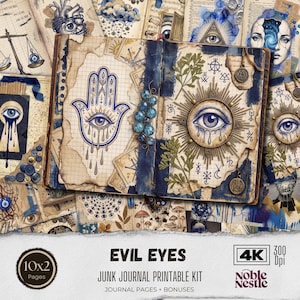 Op de afbeelding: Een verzameling vintage-stijl journaalpagina's met een evil eye-thema. De pagina's bevatten illustraties van ogen, handen en mystieke symbolen in blauwe en bruine tinten. De tekst "EVIL EYES" wordt onderaan weergegeven, samen met "JUNK JOURNAL PRINTABLE KIT".