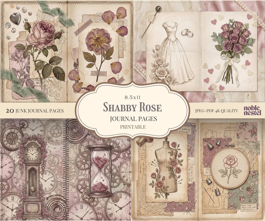 Heavy Shabby Rose Junk Journal Pages | Dusty Pink Floral Digital Paper ...