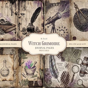 May include: A collection of printable junk journal pages with a witchy theme. The pages feature illustrations of a raven skull, inkwell, telescope, constellations, potion bottles, crystals, feathers, and magnifying glasses. The color palette includes shades of brown, purple, and black.