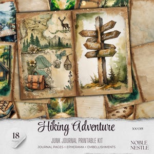 Hiking Adventure Junk Journal Kit: Printable Ephemera, Seamless Patterns (8.5x11 Inches)